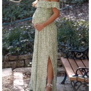 Promesa Light Green Floral Off-Shoulder Maxi Dress
